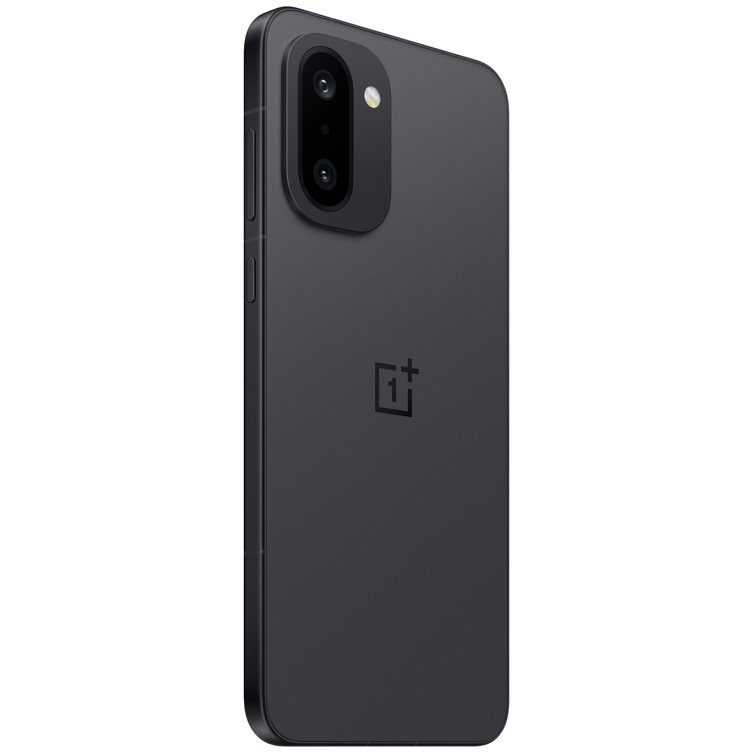 A dark gray smartphone with two cameras and a flash is displayed at an angle. The OnePlus logo is visible on the back.