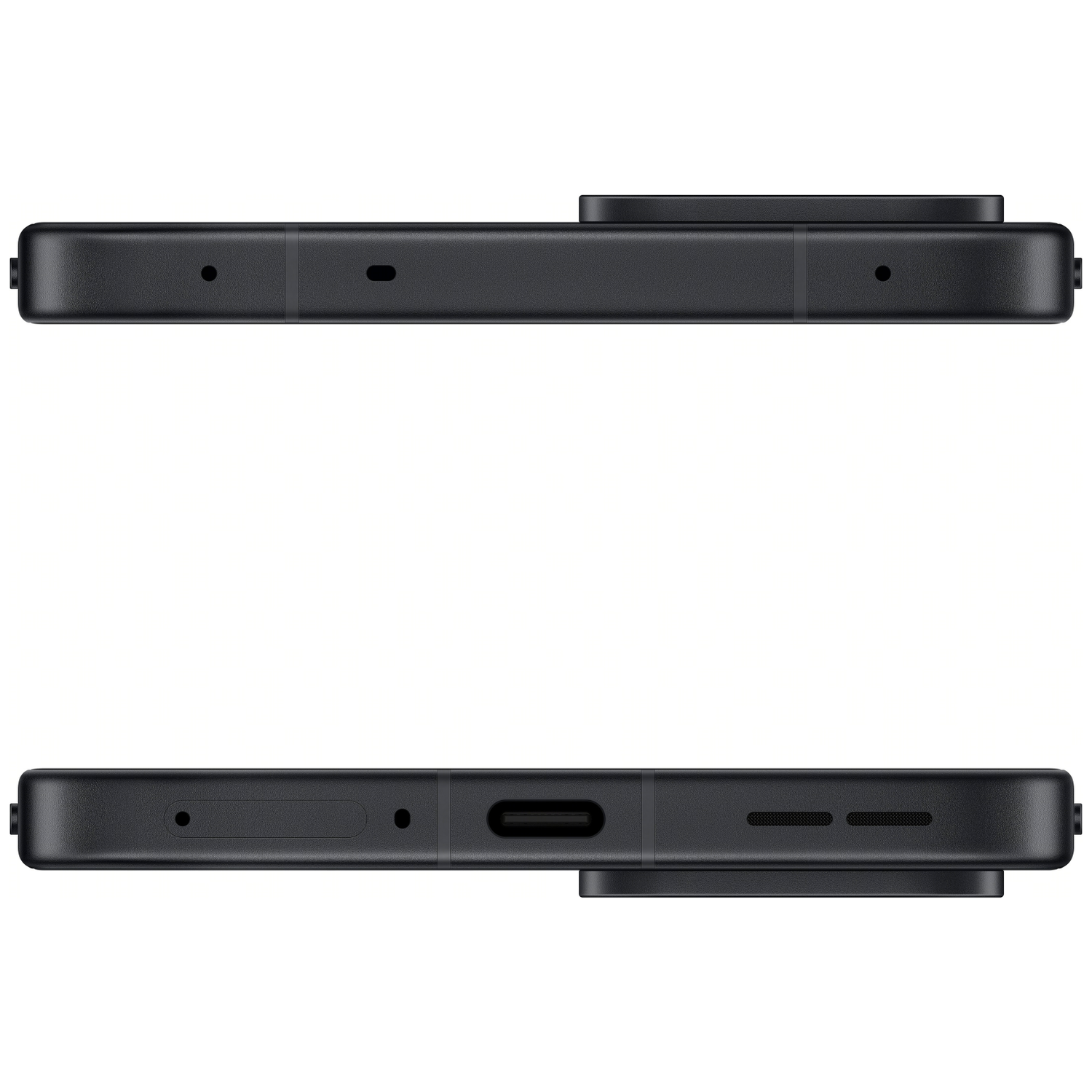 Two black smartphones are shown. The top one has a camera bump. The bottom one has a USB-C port and speaker holes.