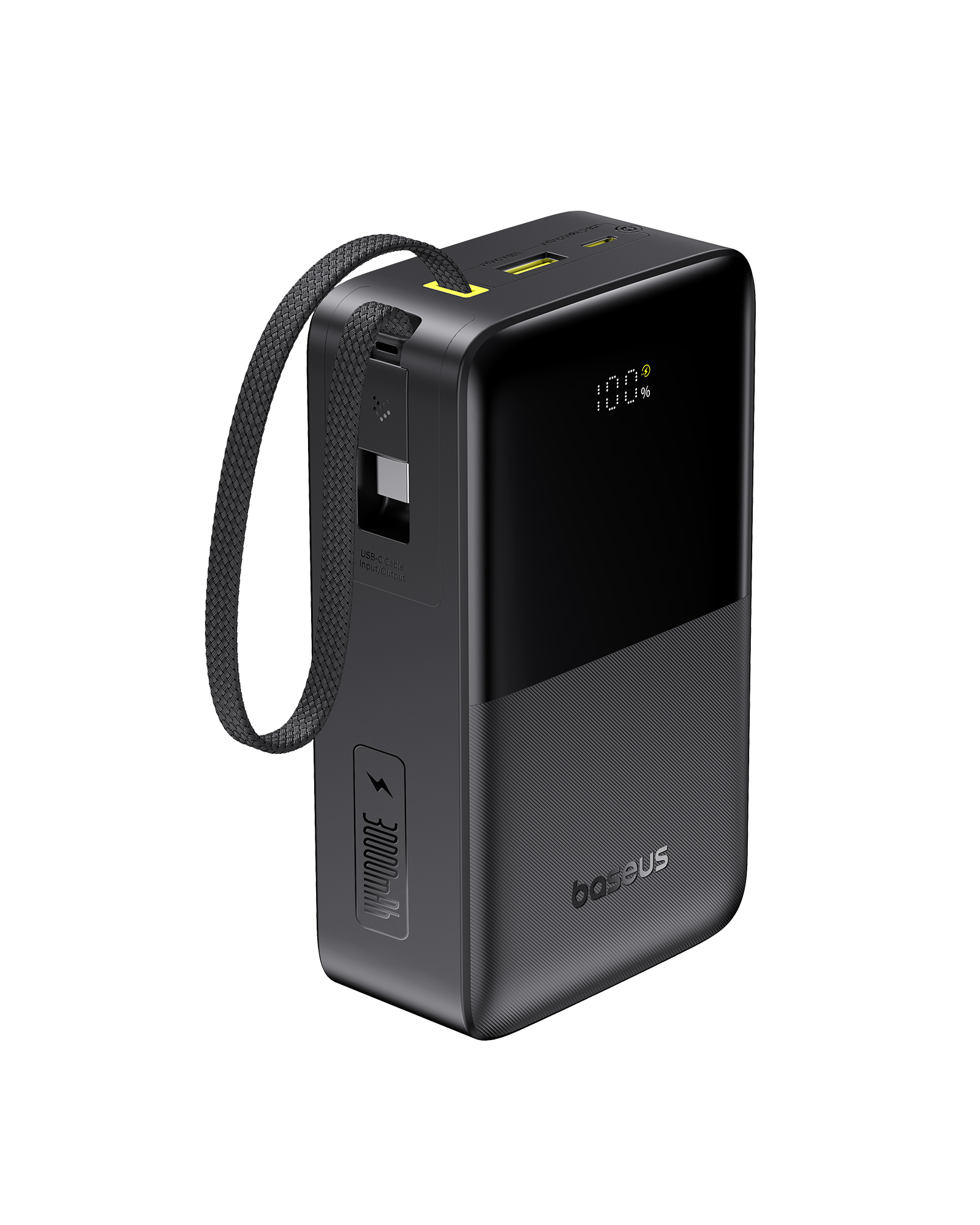 Siyah Baseus powerbank, kayışlı. %100 şarj gösteriyor. USB portları ve 30000mAh kapasiteye sahip.