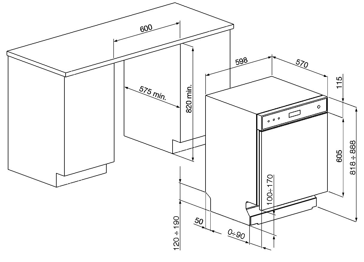 Diagramm mit Abmessungen für den Einbau eines Geschirrspülers. Enthält Maße für Höhe, Breite und Tiefe in Millimetern.