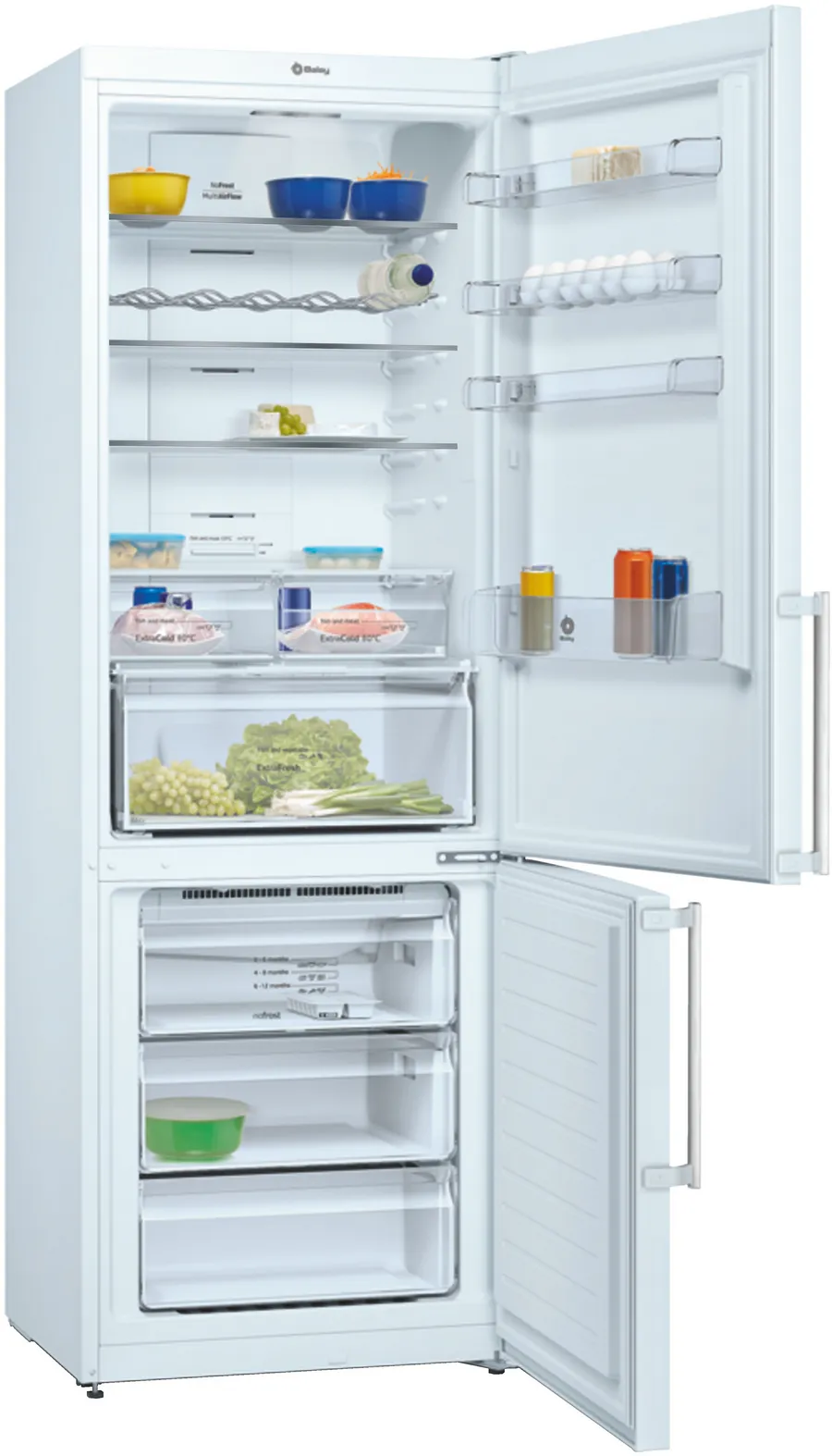 Refrigerador blanco abierto con comida dentro. Incluye estantes, cajones y varios artículos como cuencos, huevos y verduras.