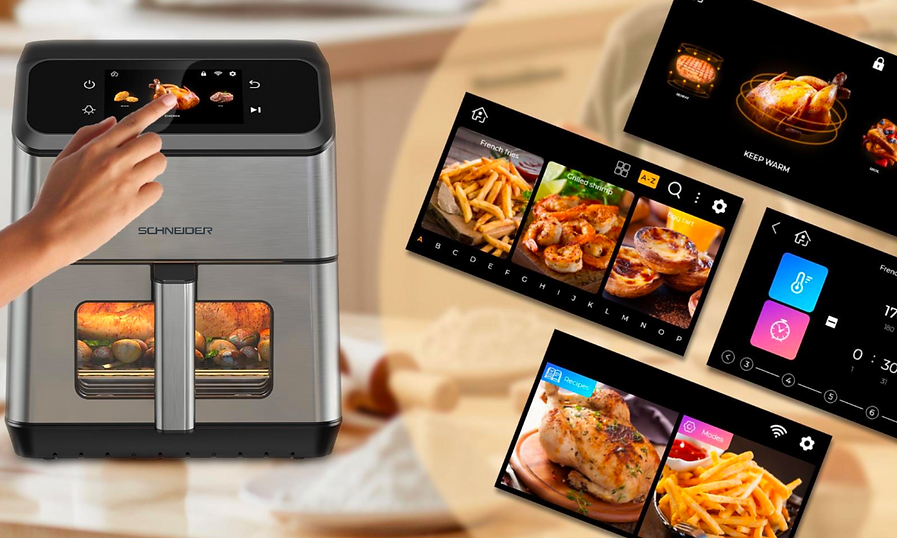 Une friteuse à air avec une personne qui touche l'écran. Les écrans affichent des options de cuisson. Frites et poulet sont visibles.