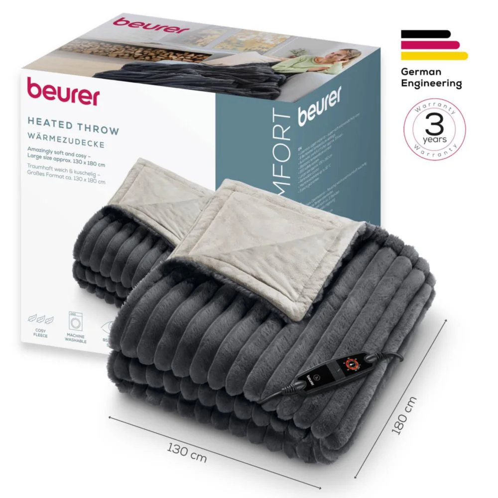 Una coperta termica grigia con un pannello di controllo viene mostrata con la sua confezione. La scatola dice 'beurer' e 'Heated Throw'.