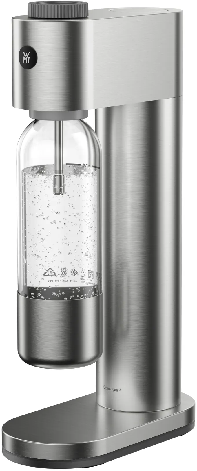 Un soda maker en acier inoxydable avec une bouteille en verre remplie d'eau, de bulles et d'une tige métallique.