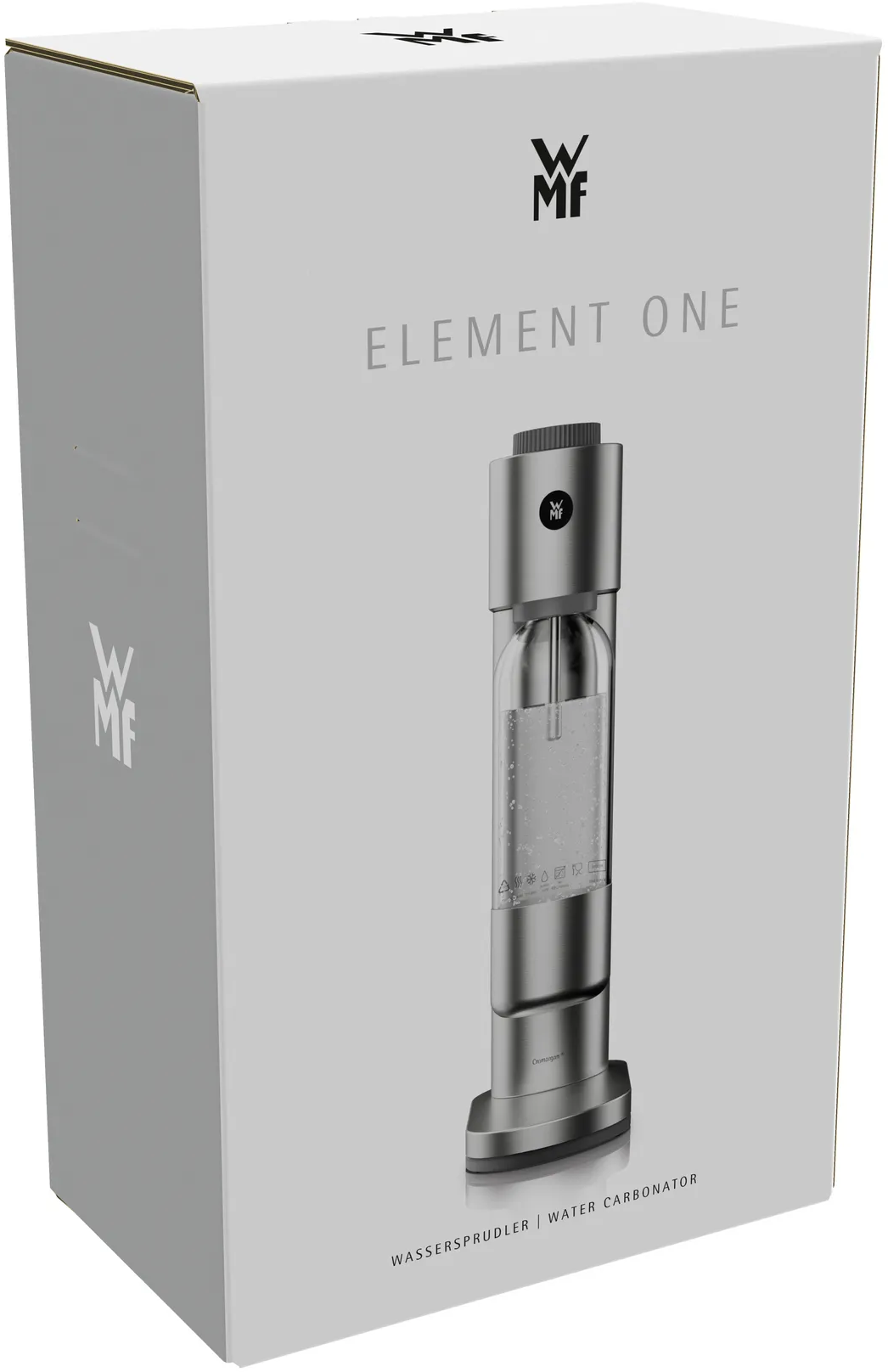 Une boîte blanche avec un appareil à carbonater l'eau. Le carbonateur est argenté et possède un récipient en verre. Il est étiqueté 'Element One'.