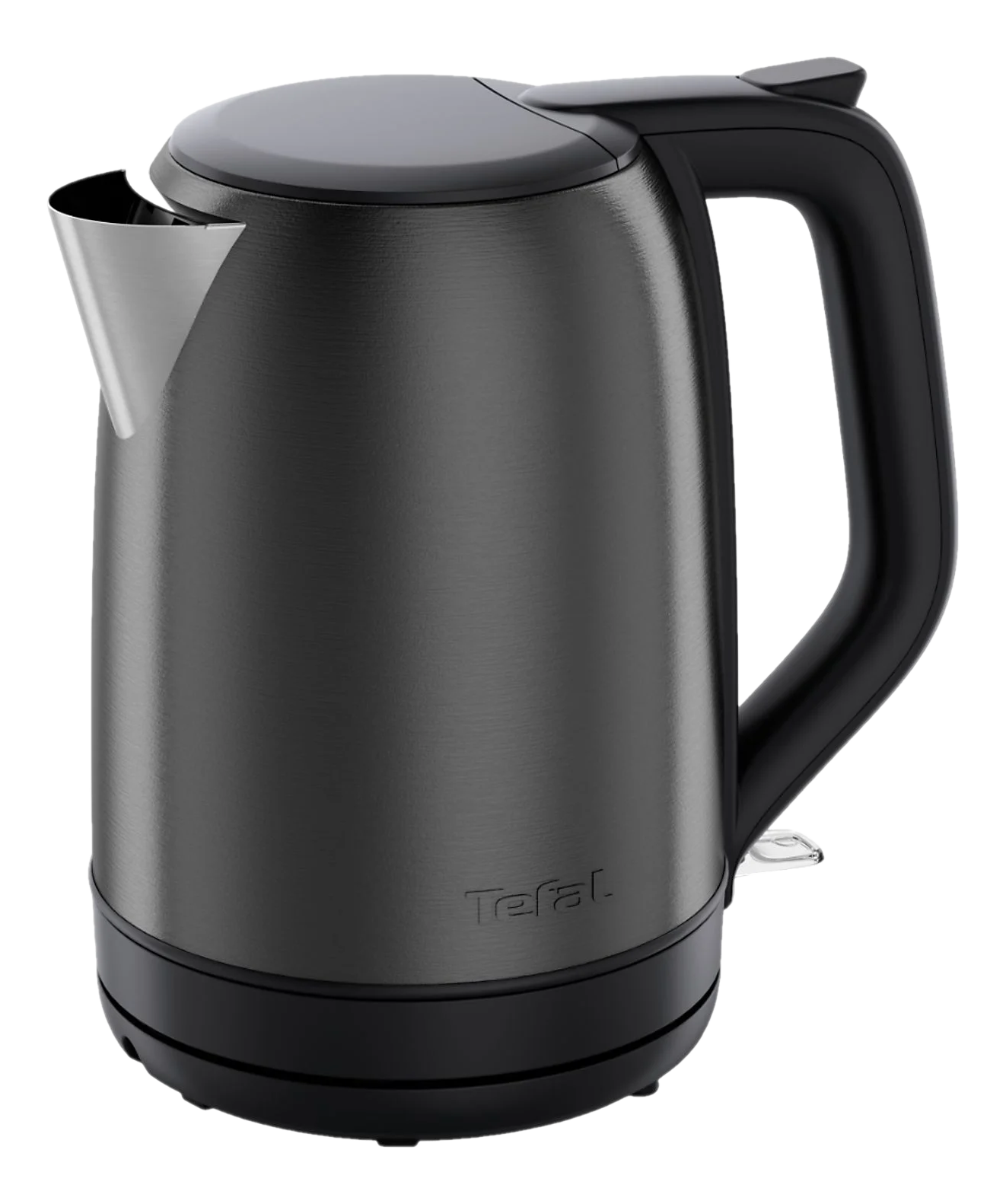 Ein schwarzer Tefal-Wasserkocher mit Edelstahlausguss und schwarzem Griff auf schwarzem Hintergrund.