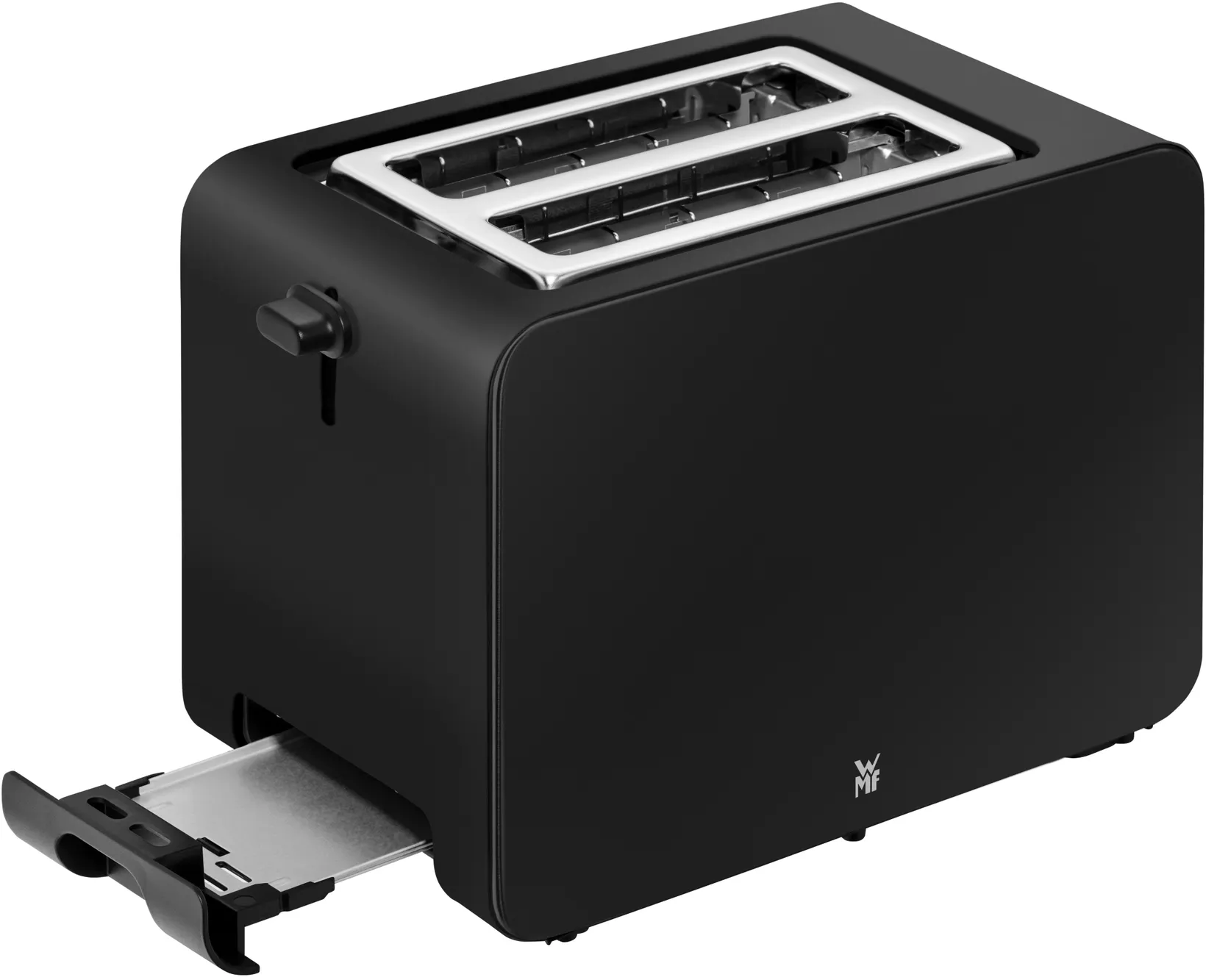 Un grille-pain noir avec deux fentes, un levier sur le côté et un tiroir à miettes sorti. Il a un dessus en acier inoxydable.