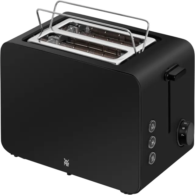 Un grille-pain noir avec deux fentes, un levier et des boutons de commande. Il a un dessus en acier inoxydable et un cadran. La marque est visible.