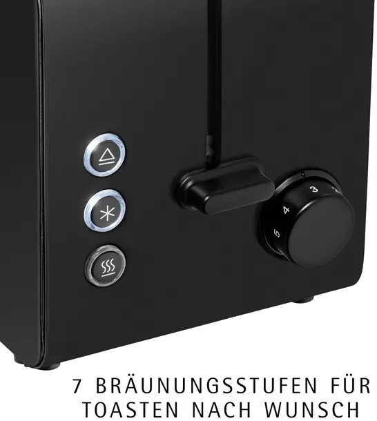 Gros plan d'un grille-pain noir avec des boutons et un cadran. Les boutons incluent décongeler, réchauffer et soulever. Un cadran indique les niveaux de brunissage.