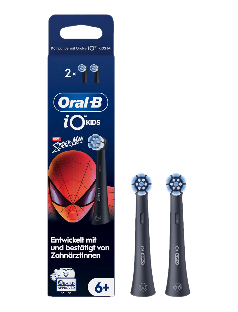 L'immagine mostra testine per spazzolino Oral-B iO Kids, confezione a tema Spider-Man e il logo Oral-B.
