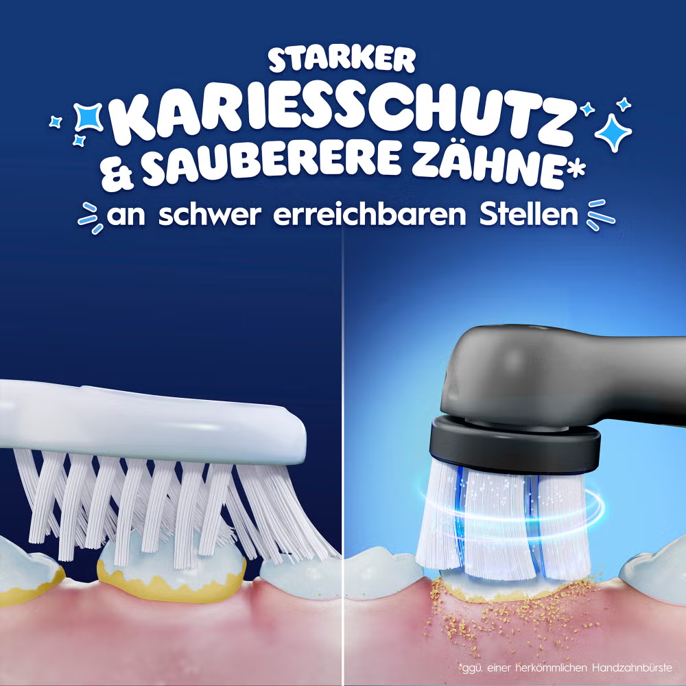 L'immagine mostra uno spazzolino che pulisce i denti. Il testo recita 'forte protezione contro la carie e denti più puliti'.