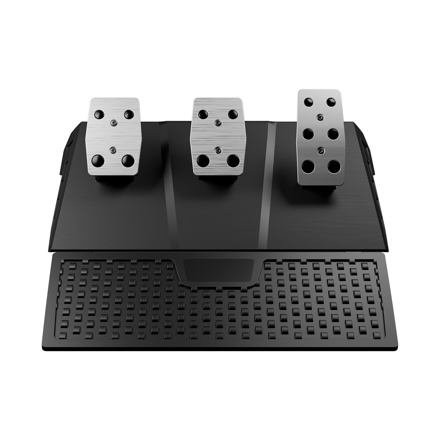Siyah bir pedal setinin yakın çekimi. Siyah noktalarla üç gümüş pedalı ve dokulu bir ayak dayaması olan siyah bir tabanı var.