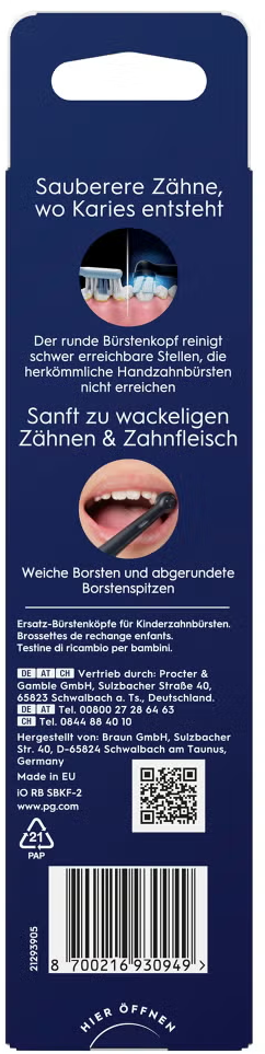 Scatola blu scuro per spazzolino con testo, immagini di denti e spazzolino, codice a barre e istruzioni per l'apertura.