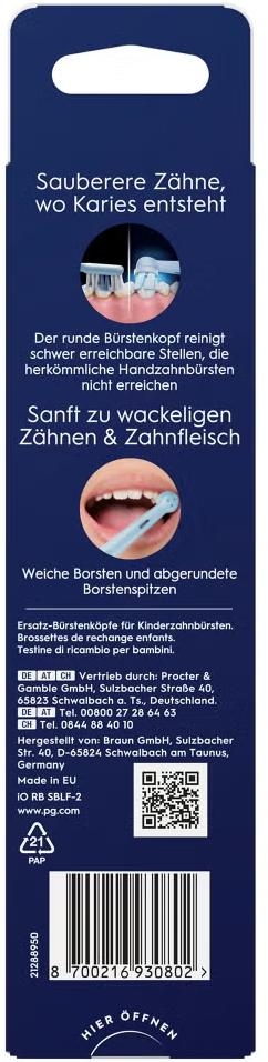 Dunkelblaue Zahnbürstenbox mit Text und Bildern, darunter eine Zahnbürste und Text zum Zähneputzen.