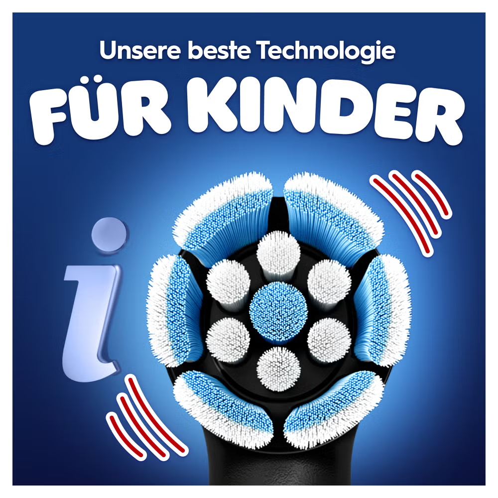 L'immagine mostra una testina di spazzolino con setole blu e bianche, uno sfondo blu e testo in tedesco che dice 'Für Kinder'.