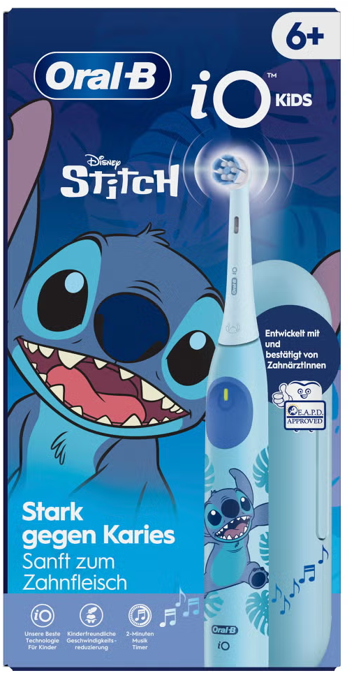 Scatola spazzolino Oral-B iO Kids, design Disney Stitch. Testo: Forte contro carie, delicato per le gengive.
