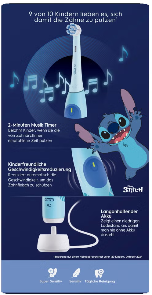 Uno spazzolino Oral-B iO con Stitch, note musicali e testo che promuove funzioni come il timer da 2 minuti e la riduzione della velocità.