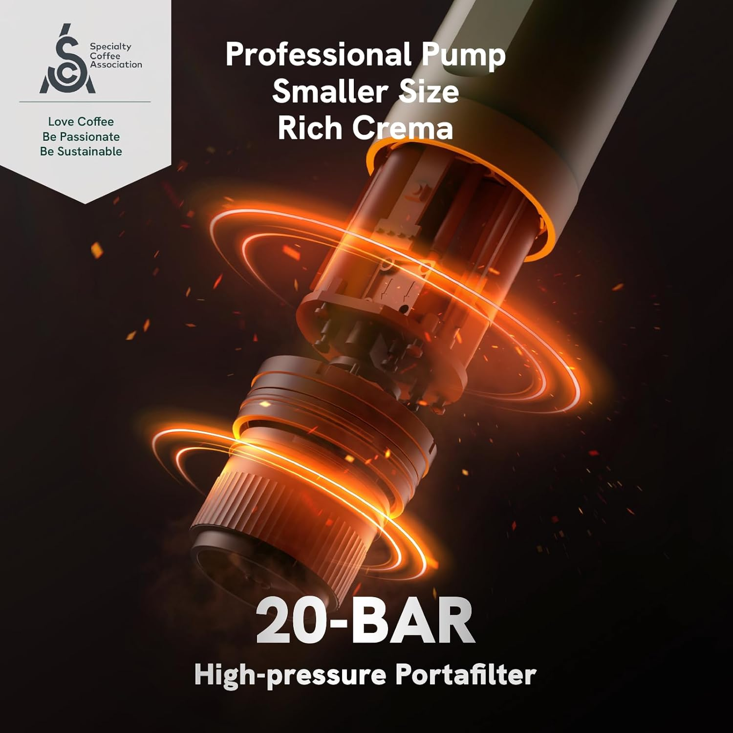 Das Bild zeigt eine Kaffeemaschine mit leuchtenden Ringen. Text: 'Professional Pump', '20-BAR' und 'High-pressure Portafilter'.