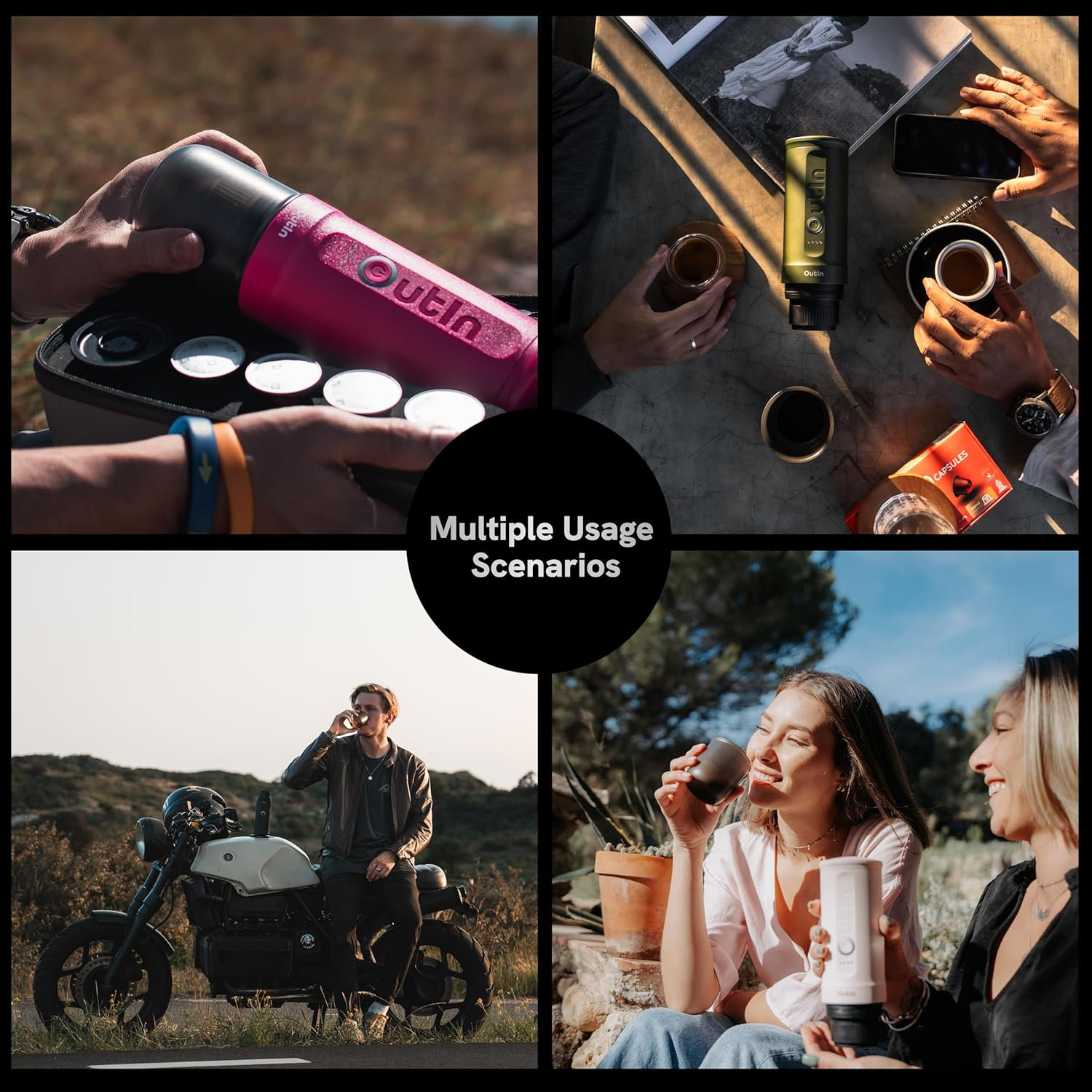Vier Bilder, die die Verwendung des Outin-Produkts zeigen: Hände mit rosa Flasche, Leute, die Kaffee trinken, Mann auf Motorrad und Frauen mit weißer Flasche.
