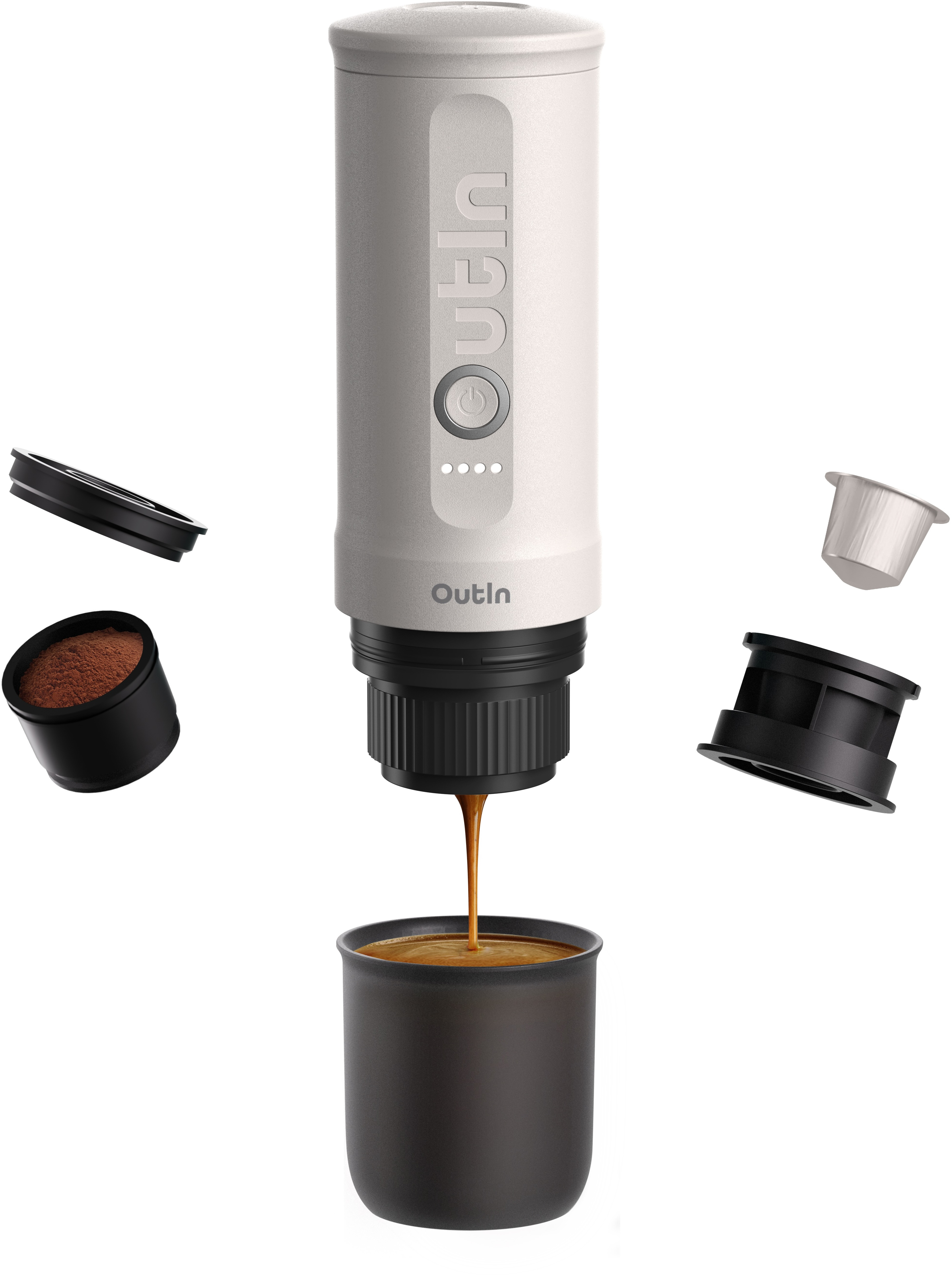 Eine Espressomaschine gibt Kaffee in eine schwarze Tasse aus. Teile und eine Kaffeekapsel schweben herum.