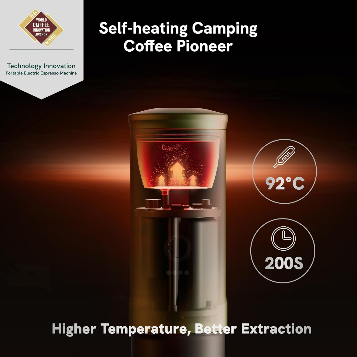 Selbsterhitzender Camping-Kaffeezubereiter mit roter Flüssigkeit. Anzeige zeigt 92°C und 200S. Text: Höhere Temperatur, bessere Extraktion.
