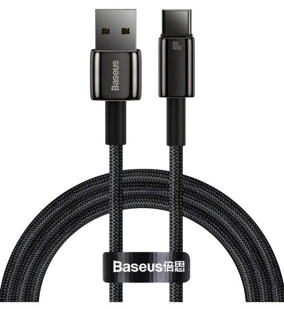 Siyah Baseus USB-C - USB kablosu. USB-A ve USB-C konektörleri, örgülü kablo ve Baseus logosu bulunur.