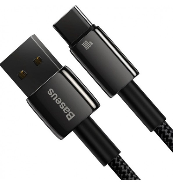 USB konnektörlü siyah USB-C şarj kablosu. Kabloda Baseus logosu ve 100W işareti bulunmaktadır.