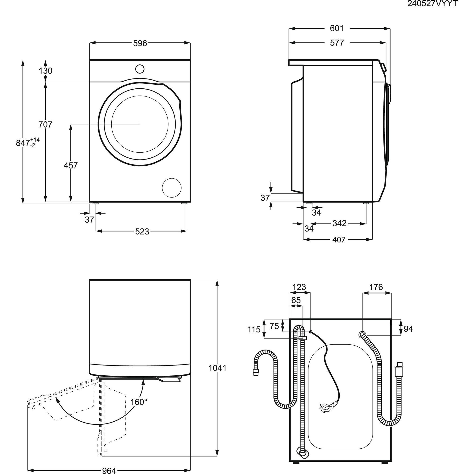 Diagramm einer Waschmaschine mit Abmessungen in mm. Vorder-, Seiten- und Komponentenansichten sind dargestellt.