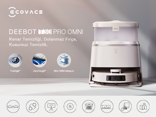 DEEBOT T30 PRO OMNI robot süpürgesinin reklamı. Süpürge ve şarj istasyonunu gösteriyor.