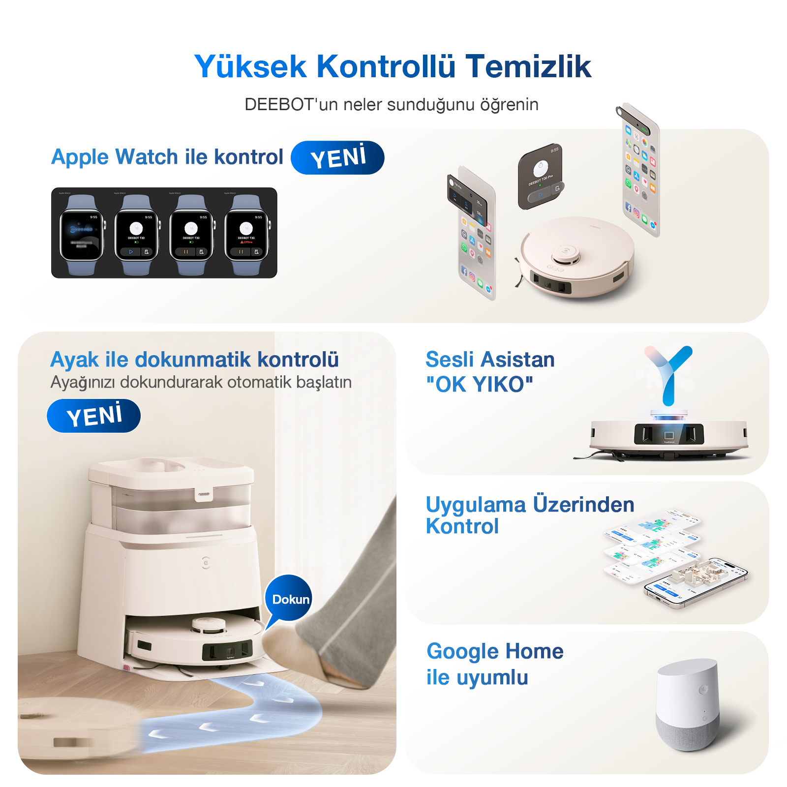 Görselde bir temizlik robotu ve özellikleri görülüyor: Apple Watch kontrolü, ayakla dokunmatik kontrol, sesli asistan, uygulama kontrolü ve Google Home uyumluluğu.