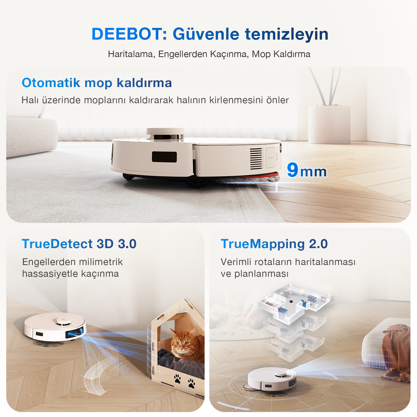 Beyaz bir robot süpürge odayı temizliyor. Metin, haritalama ve engel algılama gibi özellikleri vurgular.