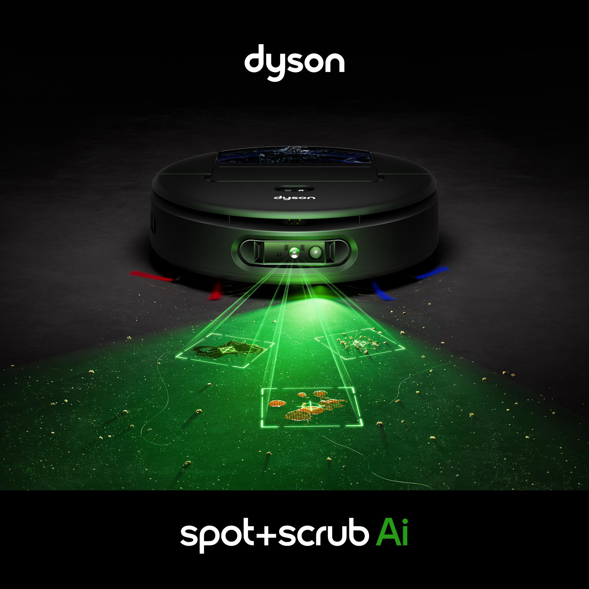 Dyson-Roboterstaubsauger. Grüne Laserstrahlen heben Schmutz hervor. Dyson und 'spot+scrub Ai' Text.