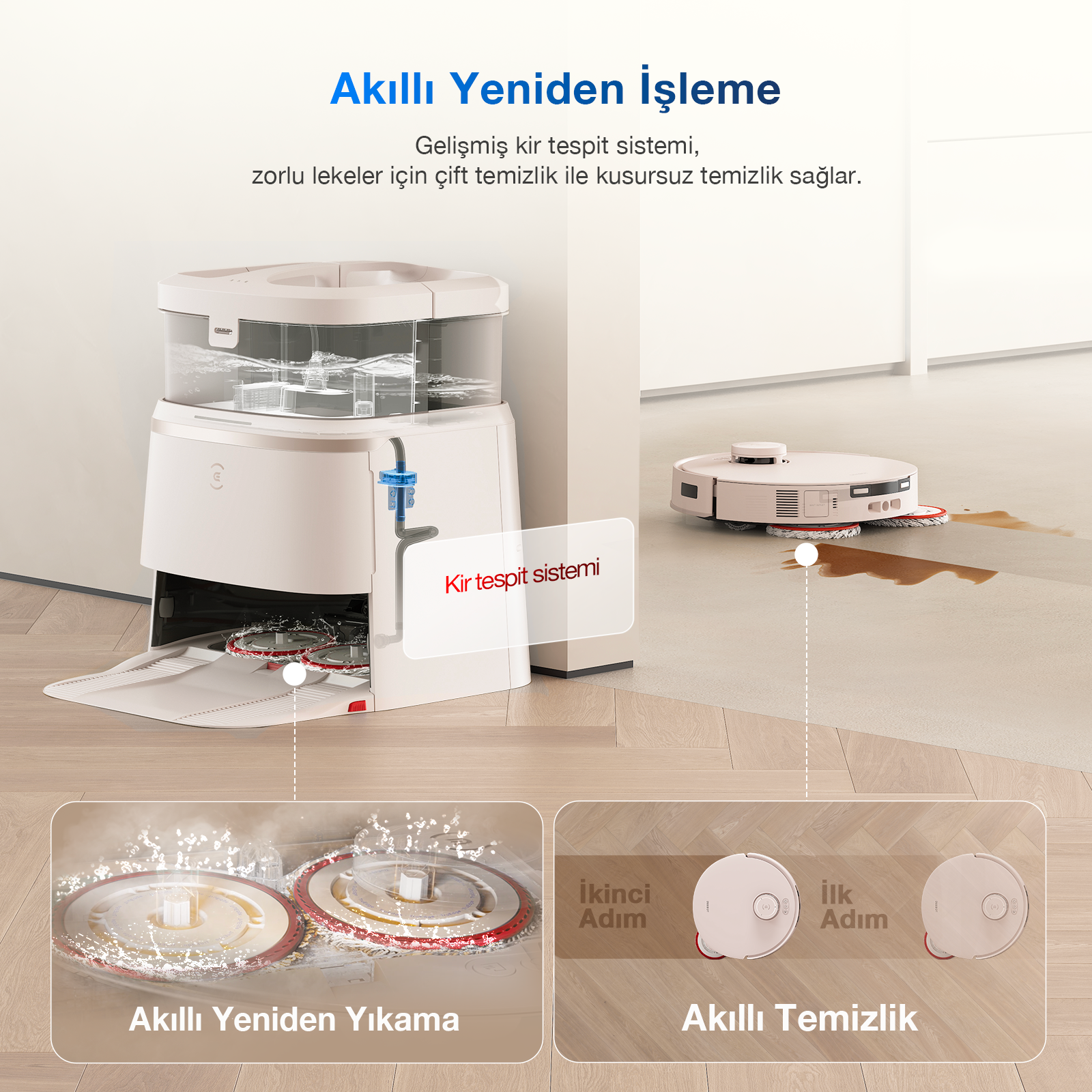 Görselde bir robot süpürge ve temizleme istasyonu görülüyor. Detaylar arasında temizleme diskleri ve Türkçe metin yer alıyor.