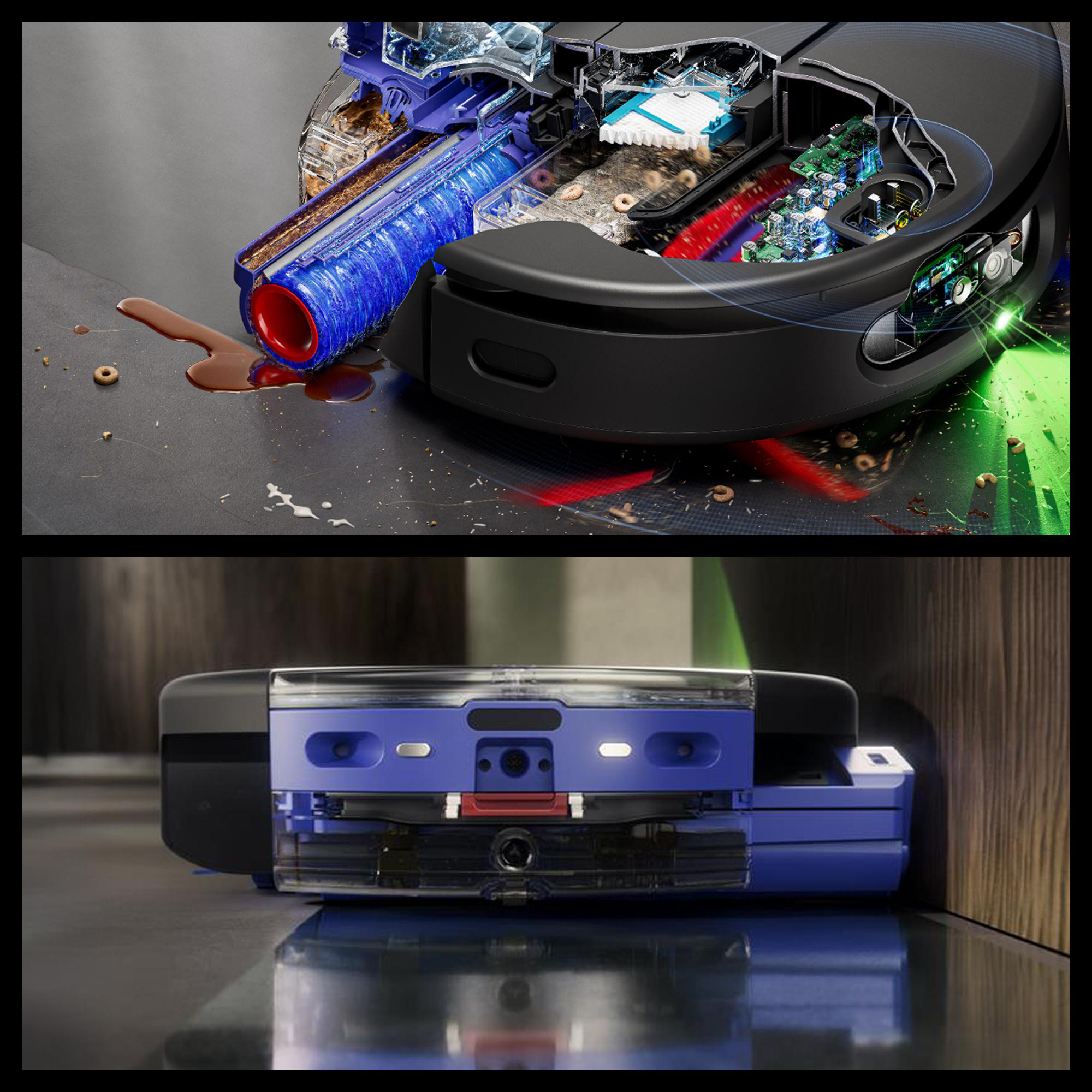 Roboter-Staubsauger mit Innenteilen. Blaue, schwarze und rote Teile sind sichtbar, zusammen mit Schmutz und Flüssigkeitsflecken.
