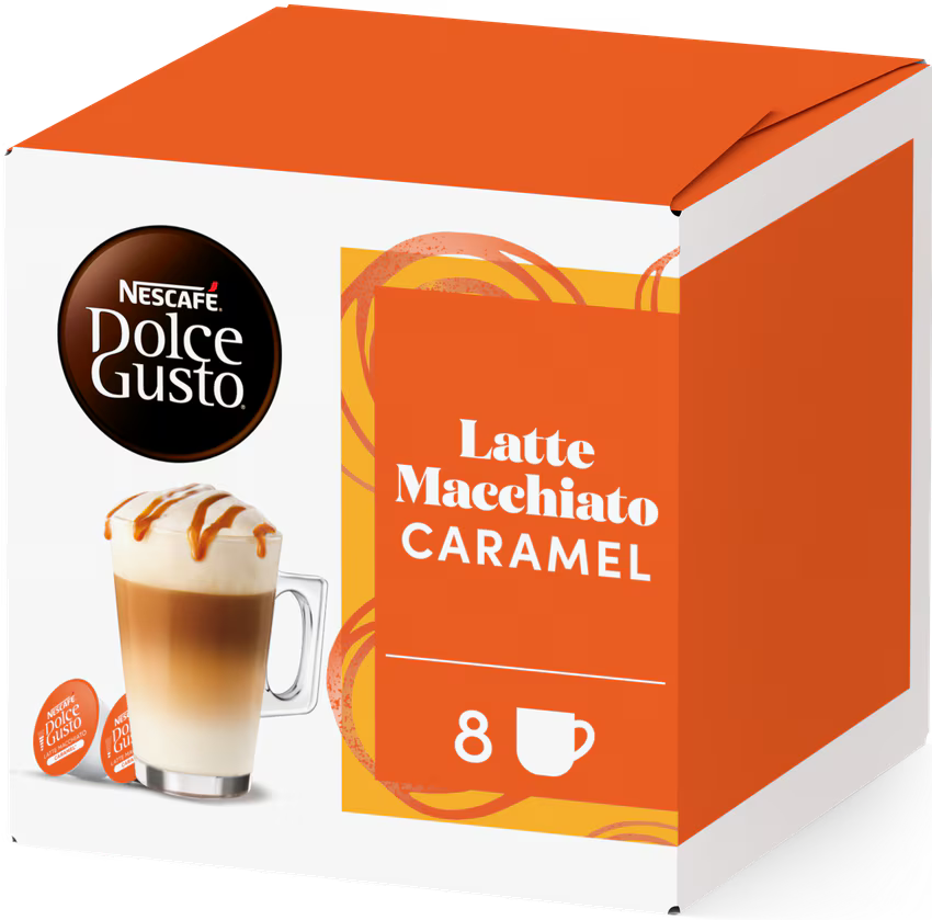 Doos Nescafe Dolce Gusto Latte Macchiato Caramel. Met een kopje koffie, capsules en de productnaam op de verpakking.