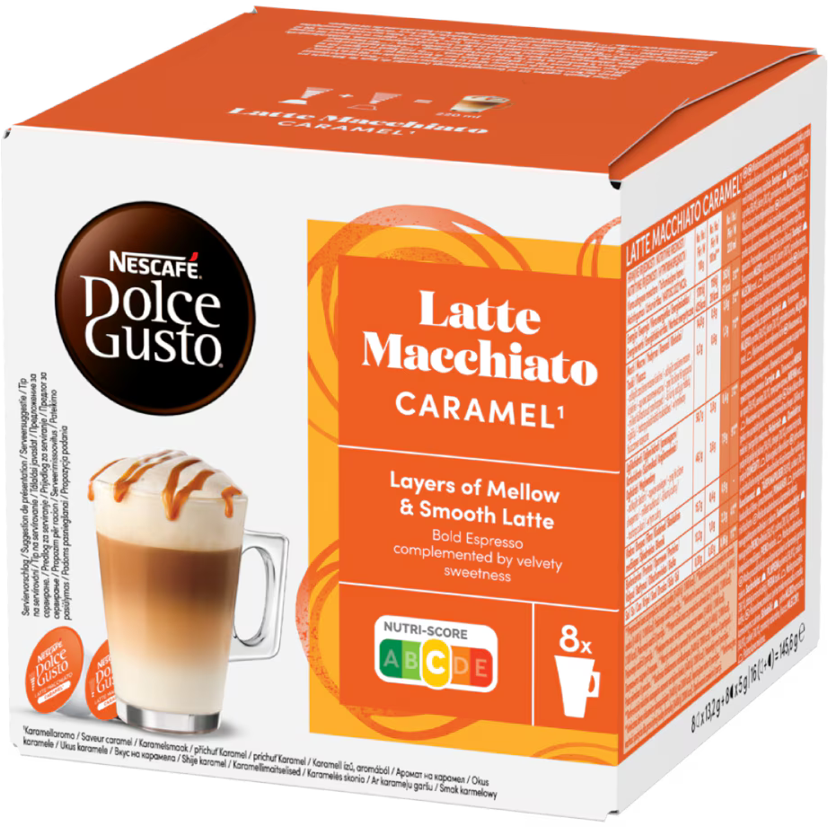 Doos van Nescafe Dolce Gusto Latte Macchiato Caramel. Een kopje koffie met karamellagen wordt getoond.