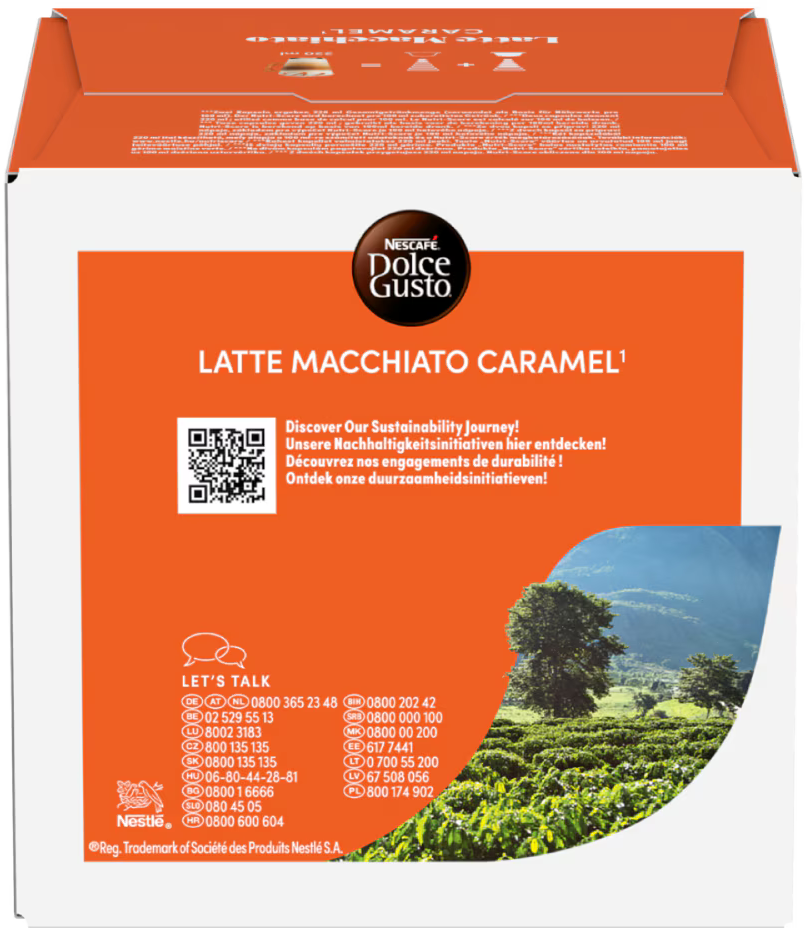 Doosje Nescafé Dolce Gusto Latte Macchiato Caramel. Het heeft een QR-code, contactgegevens en een foto van een koffieplantage.