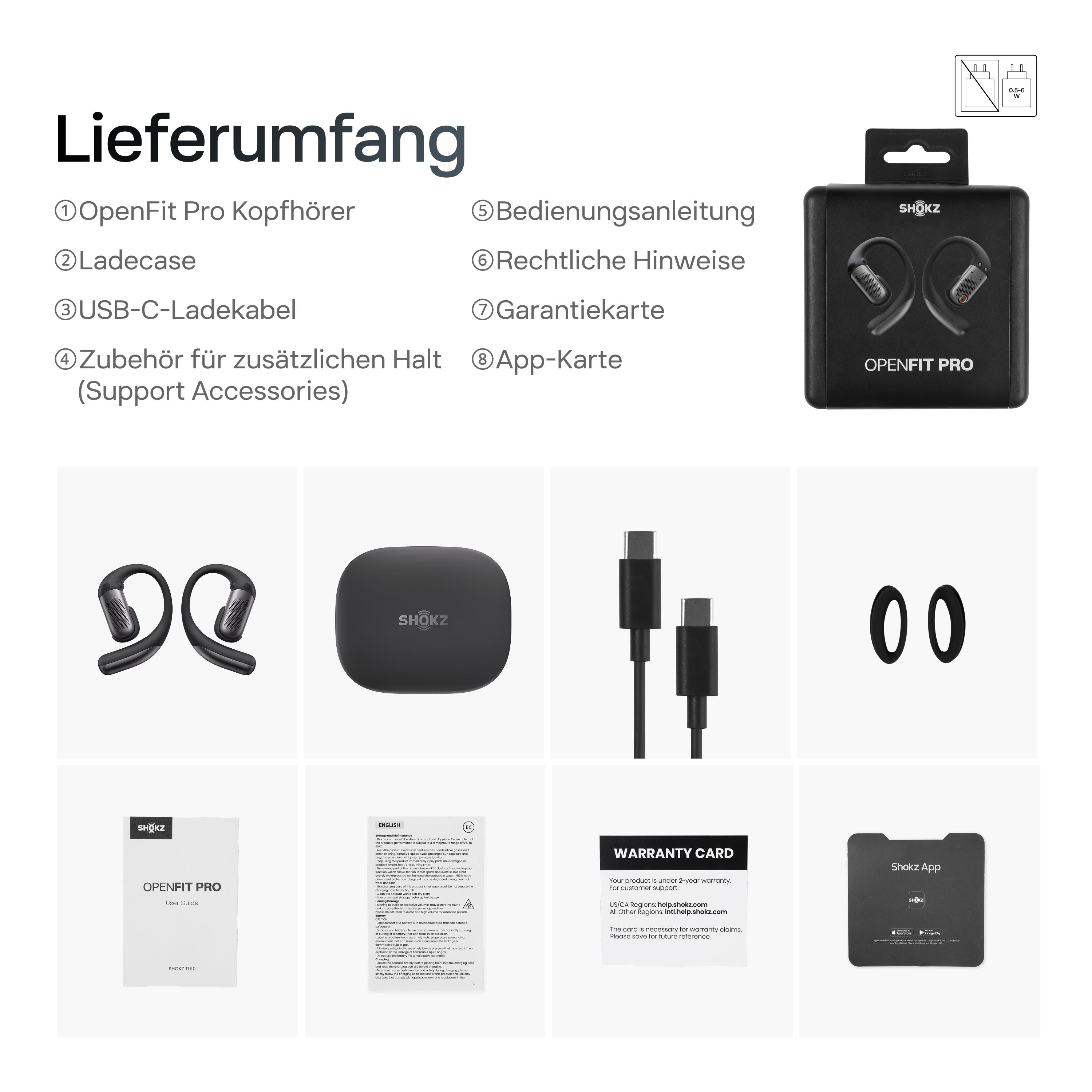 Das Bild zeigt Shokz OpenFit Pro Kopfhörer, Ladecase, Kabel und Zubehör. Text listet Komponenten auf Deutsch.