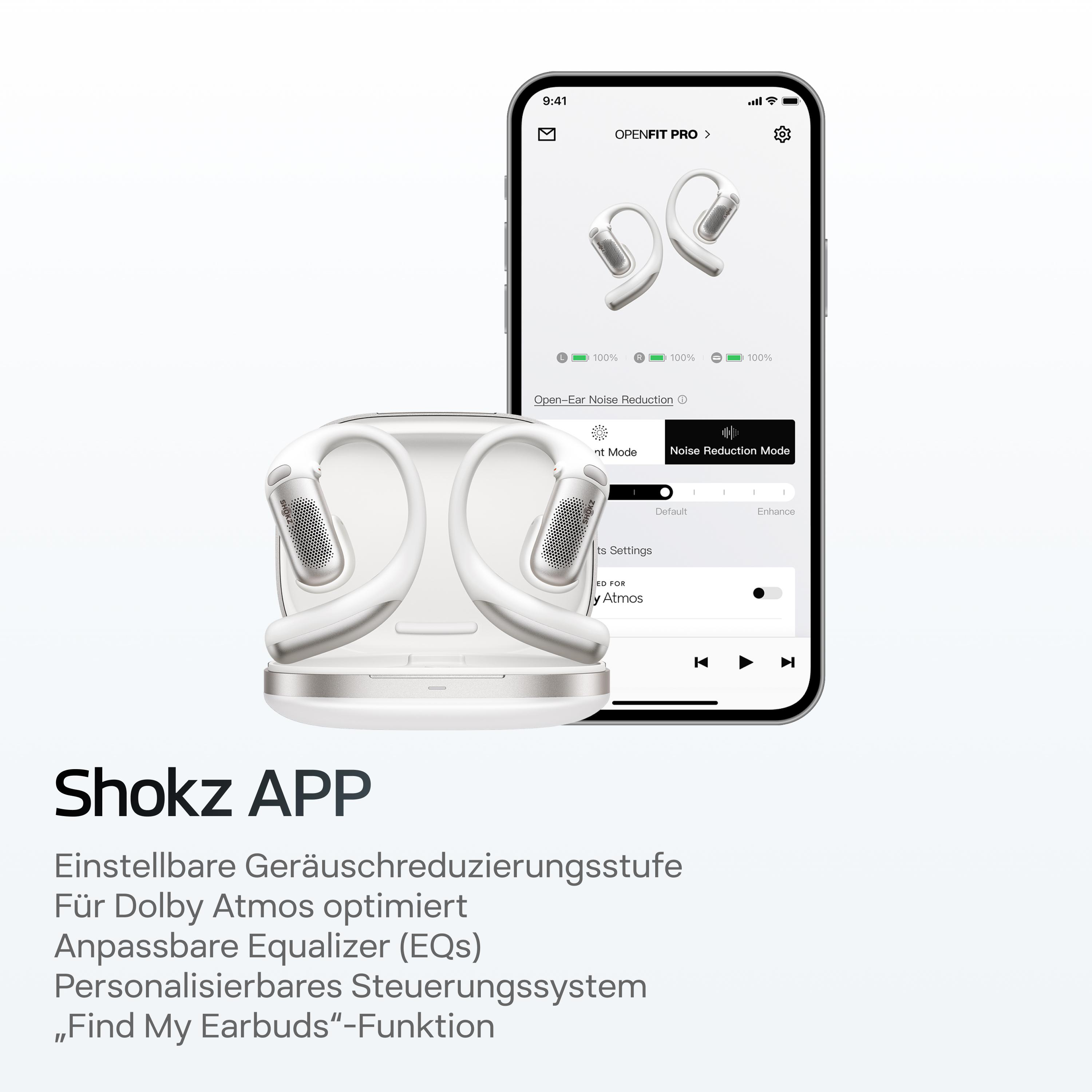 Bild zeigt weiße Shokz-Ohrhörer, einen Telefonbildschirm mit Einstellungen und Produktmerkmaltext.