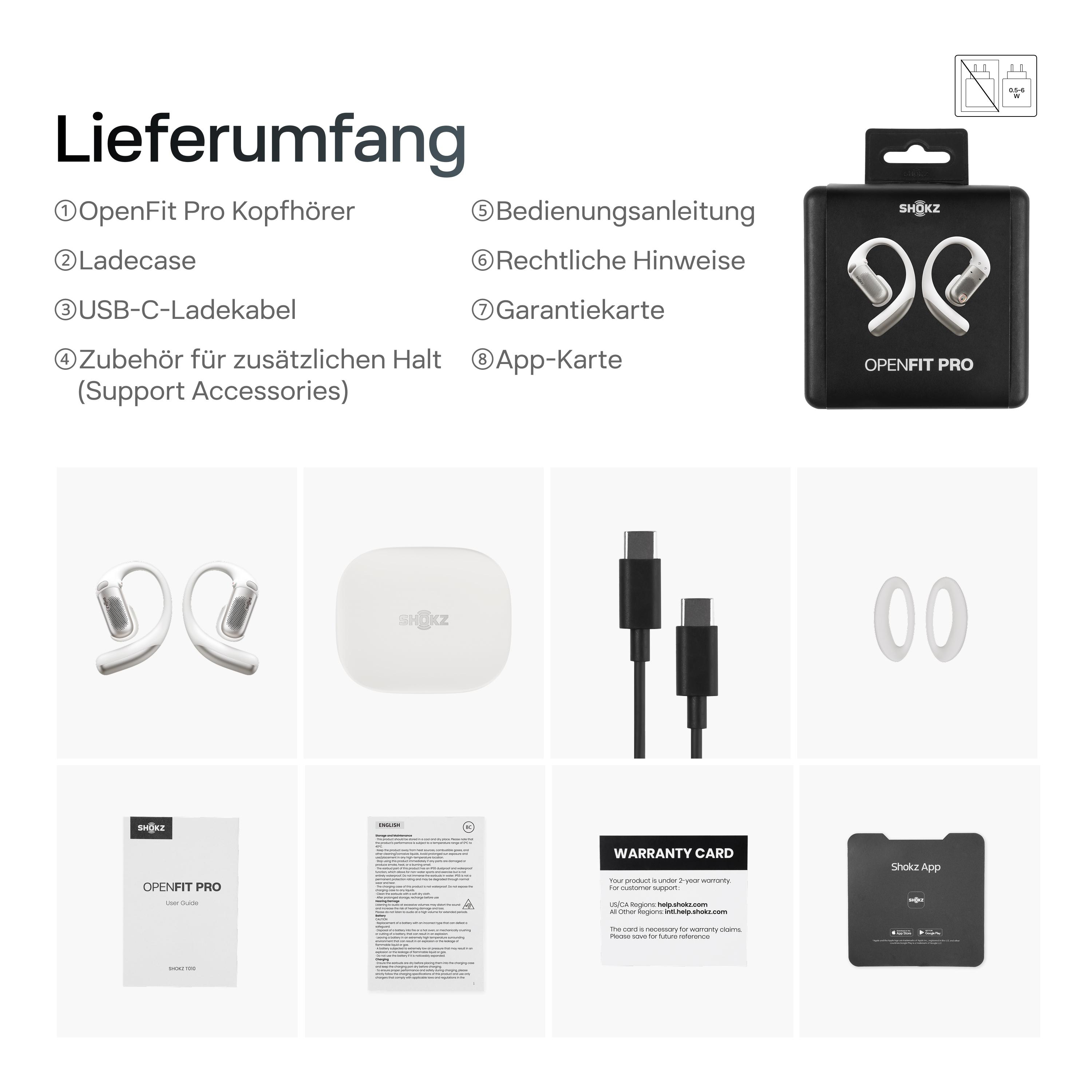 Bild zeigt Shokz OpenFit Pro Kopfhörer, Ladecase, Kabel, Zubehör, Handbücher und Garantiekarte.