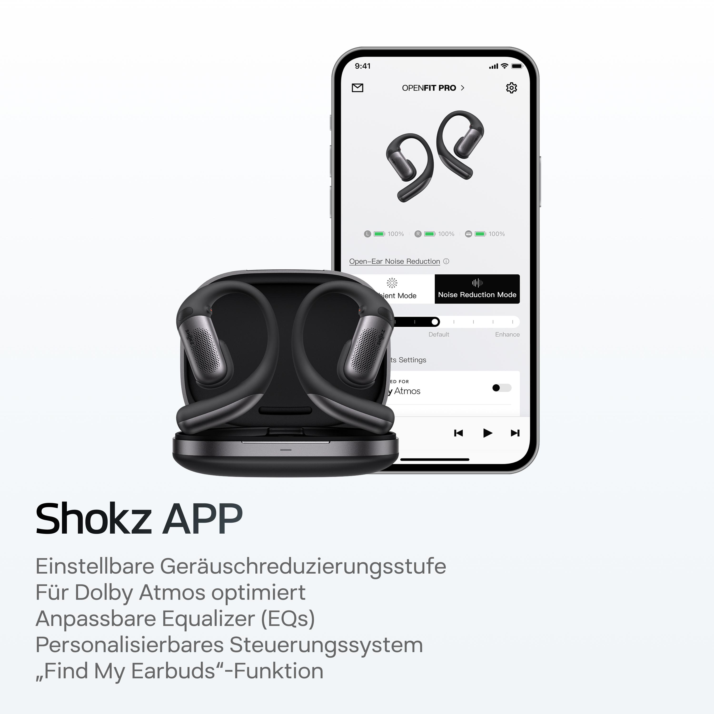 Das Bild zeigt Shokz OpenFit Pro Ohrhörer, Ladecase und App-Oberfläche mit Einstellungen zur Geräuschreduzierung.