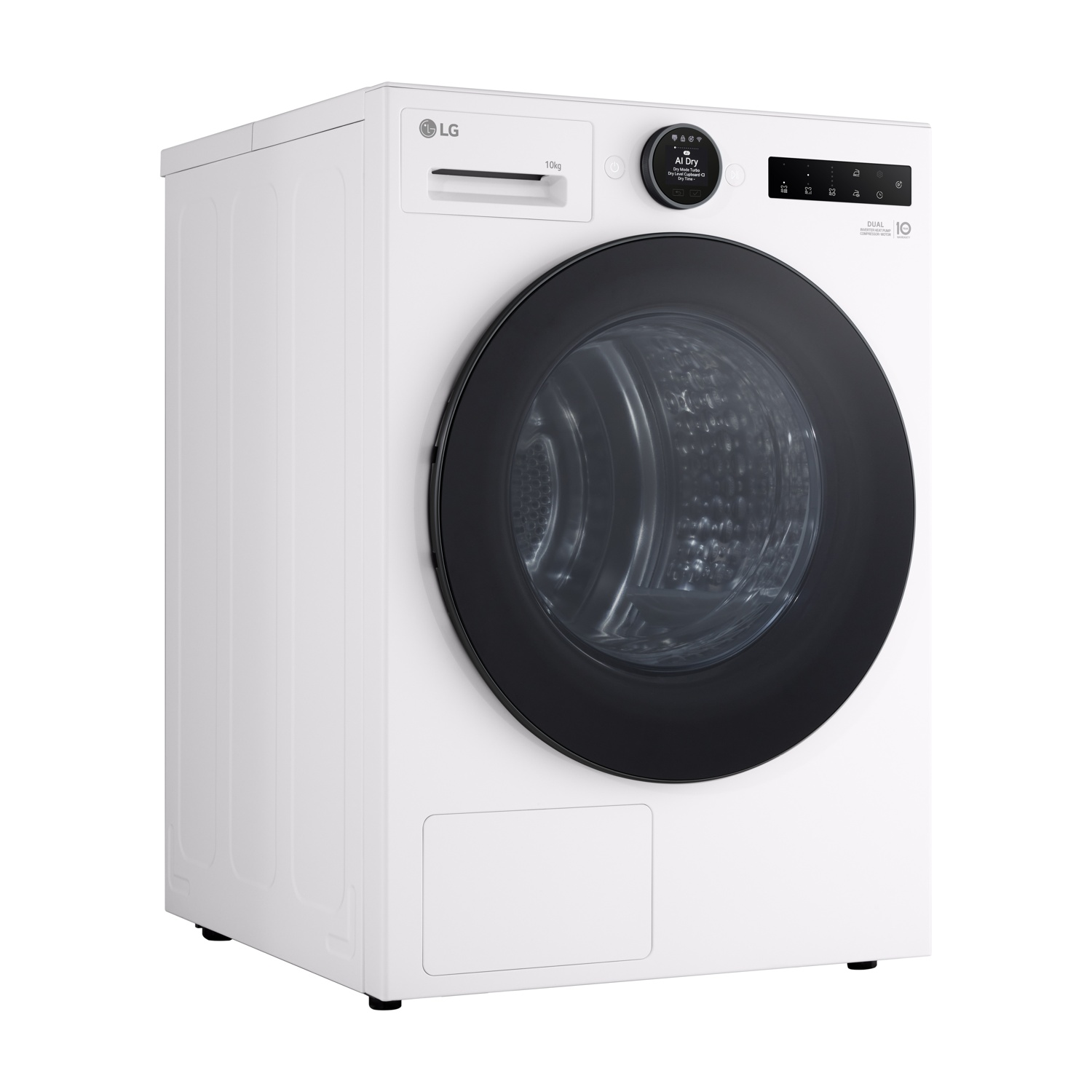 Un'asciugatrice LG bianca con porta nera, pannello di controllo e display digitale. Ha una capacità di 10 kg. L'asciugatrice è su sfondo bianco.