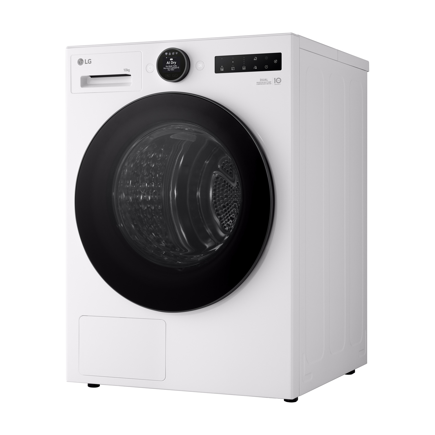 Un'asciugatrice LG bianca. Ha una porta nera, un display digitale e vari pulsanti di controllo. La macchina è su sfondo bianco.