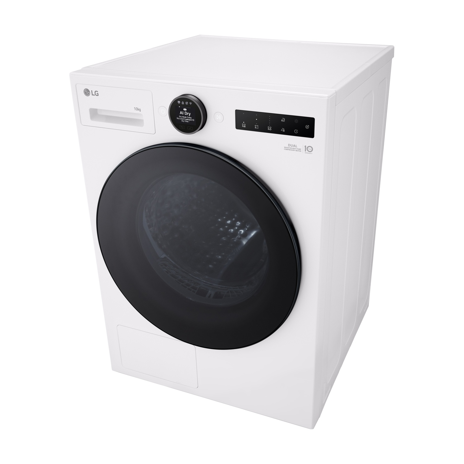 Lavatrice LG bianca da 10 kg con oblò rotondo nero e display digitale.