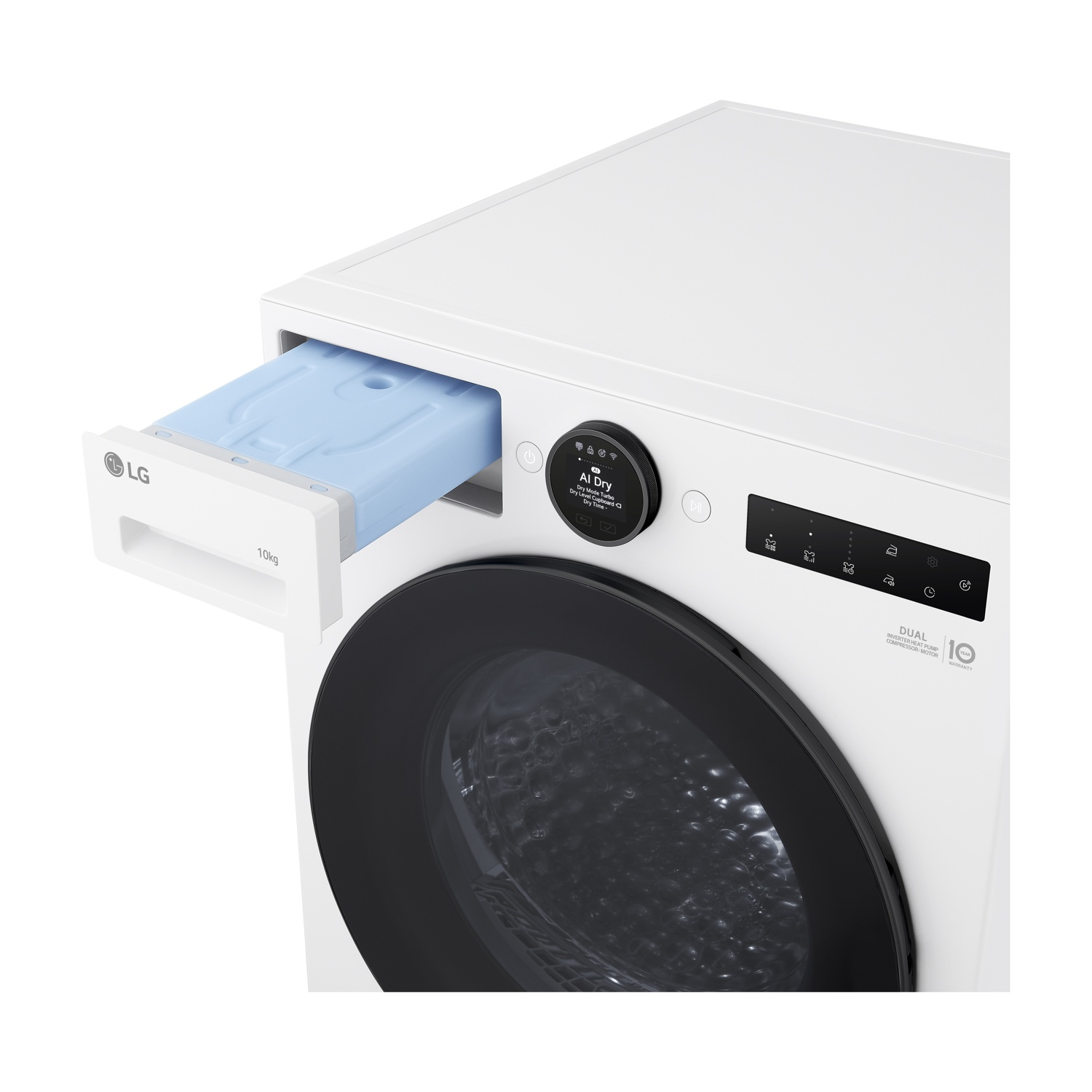 Un'asciugatrice LG bianca con porta nera. Viene estratto un contenitore blu per l'acqua. Ha un display digitale e un pannello di controllo.