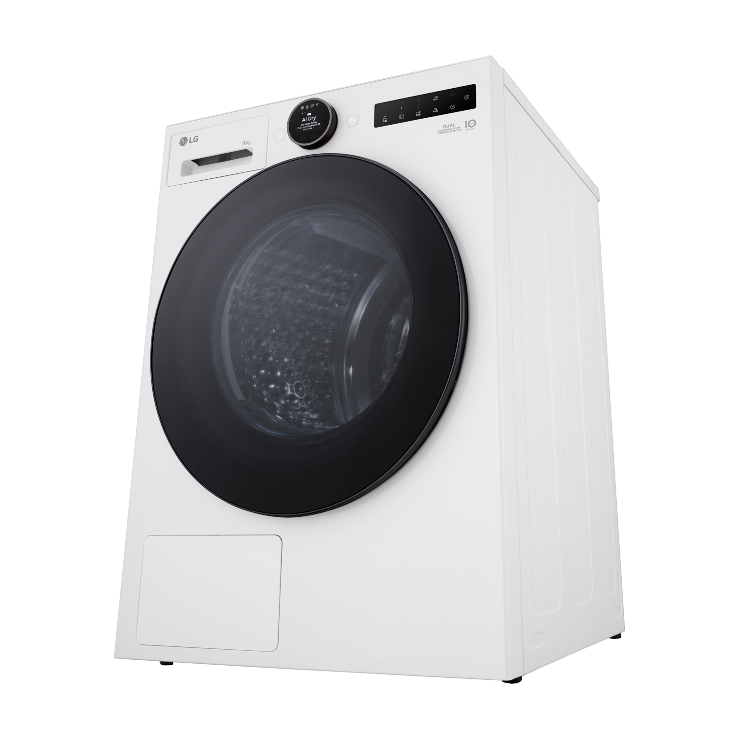 Viene mostrata una lavatrice LG bianca. Ha una porta nera, un pannello di controllo e un piccolo display. La macchina è su sfondo bianco.