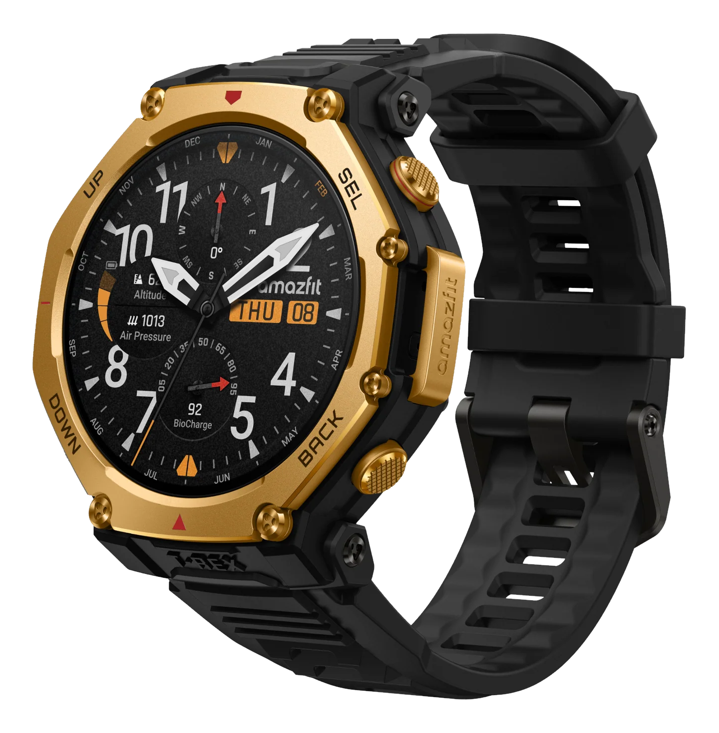Une montre connectée Amazfit noire et dorée. Le cadran affiche l'heure et d'autres mesures. Le bracelet est noir.