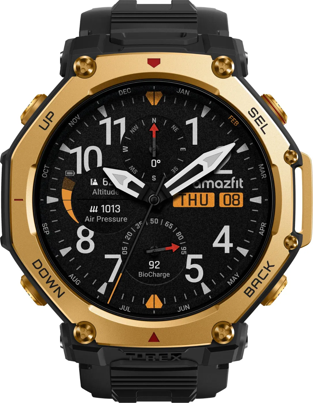 Une smartwatch noire et dorée affiche l'heure et des données. Elle a un cadran rond avec des aiguilles, des chiffres et des informations numériques.
