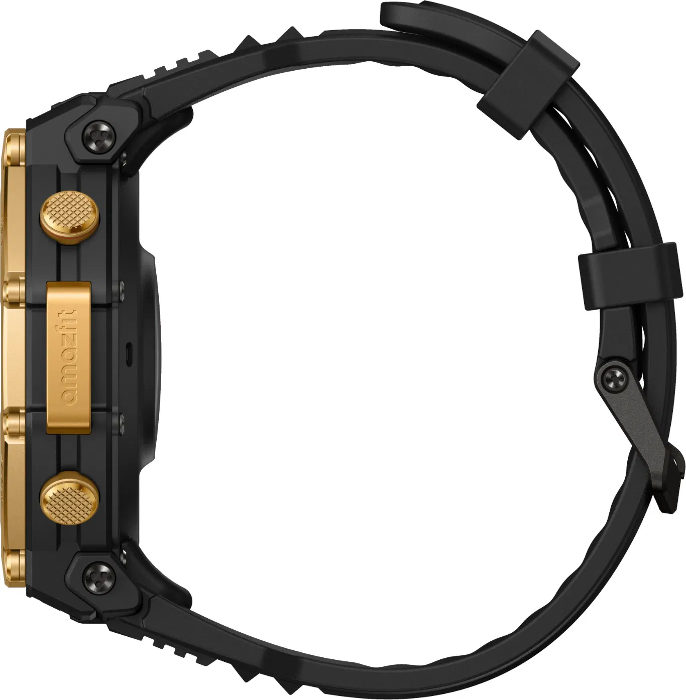 Vue latérale d'une smartwatch noire et dorée. Elle possède un bracelet noir et des boutons et accents dorés. Le cadran est noir.