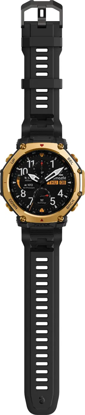 Montre intelligente noire et dorée. Affiche l'heure et d'autres mesures. Bracelet noir et cadre doré.